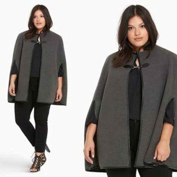 Torrid Gray Marled Knit Cape Poncho with Faux Leather Trim One Size - Picture 1 of 7